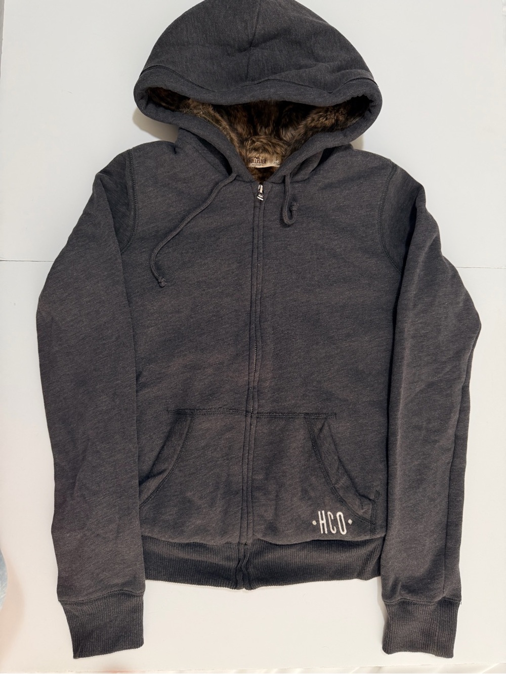 Hollister Faux Fur Lined Full Zip Hoodie Gray & Brown Small